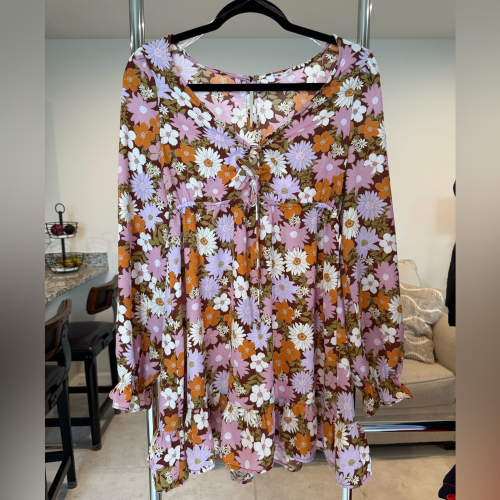 Chic Floral Long Sleeve Dress in Pink and Brown